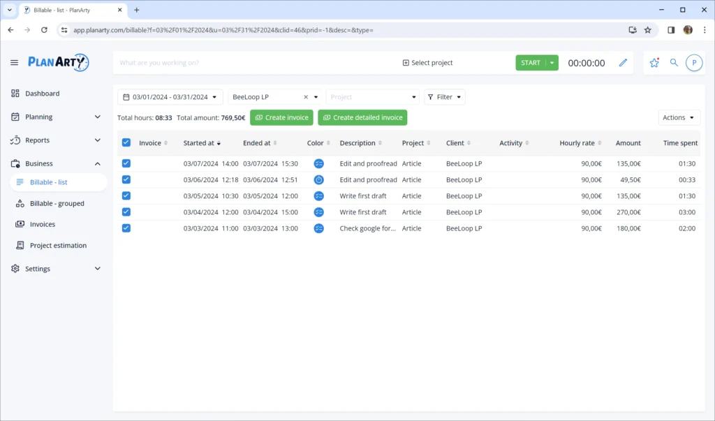 detailed timesheets